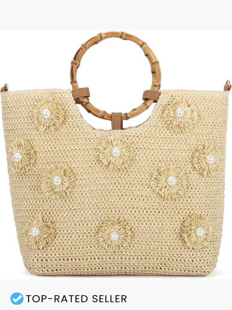 Straw Woven Tote Beach Handbag With Flower Pearls Adjustable Crossbody